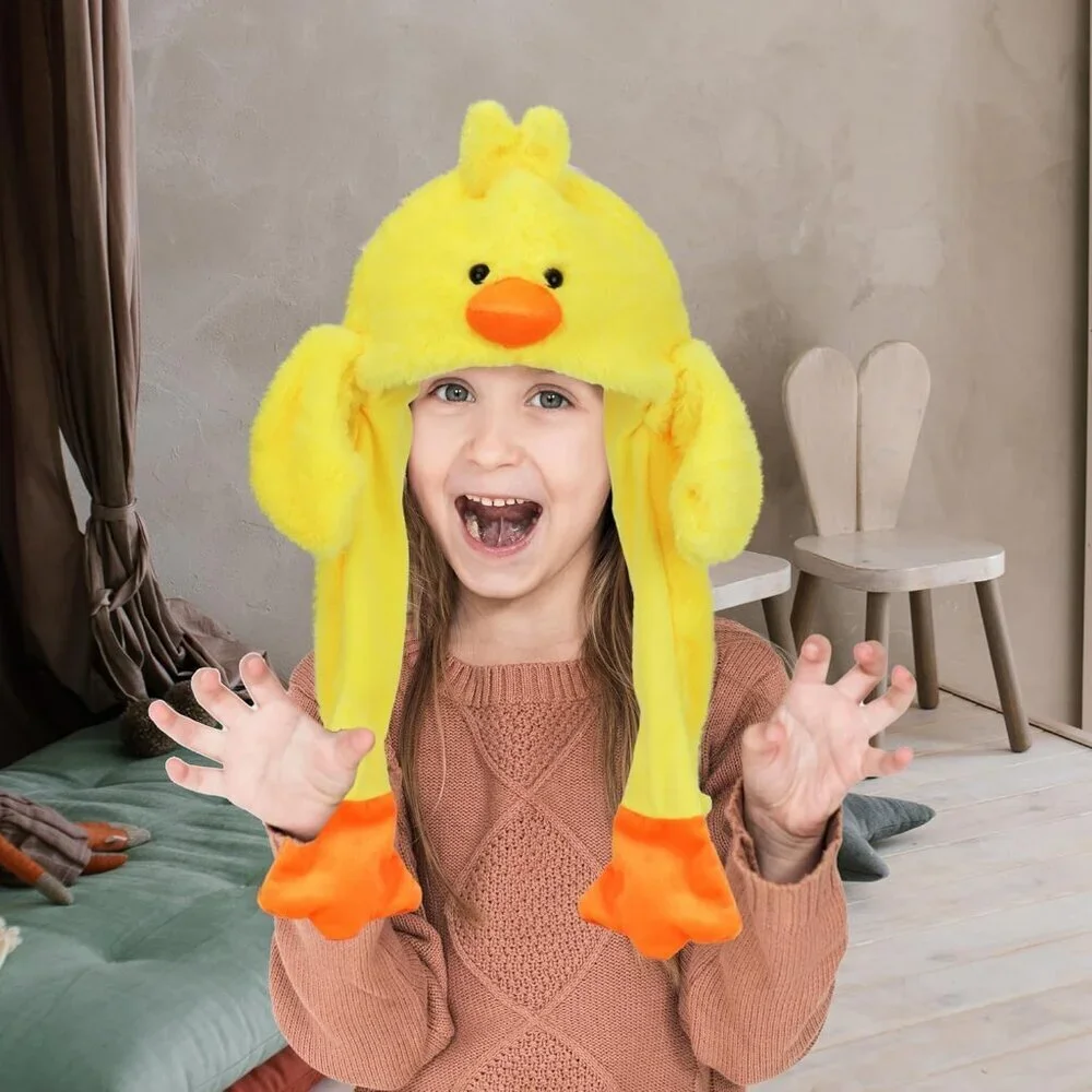 Kids Duck Animal Hat with Ears Moving Jumping Pop Up Beating Plush Holiday